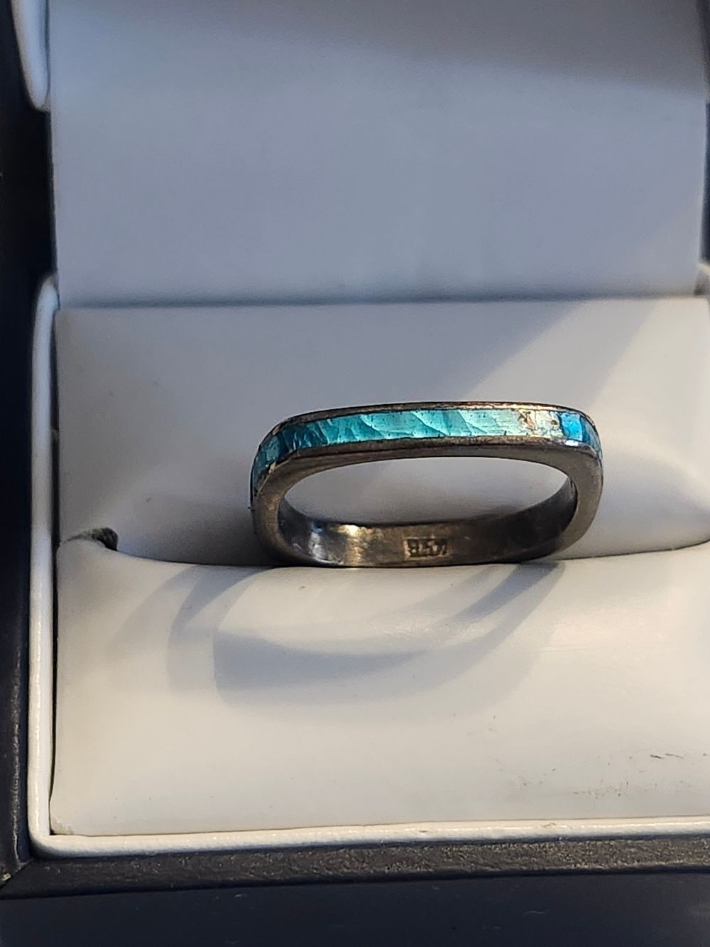 850 Silver Blue Inlay Band Ring - Women Jewelry Size 6